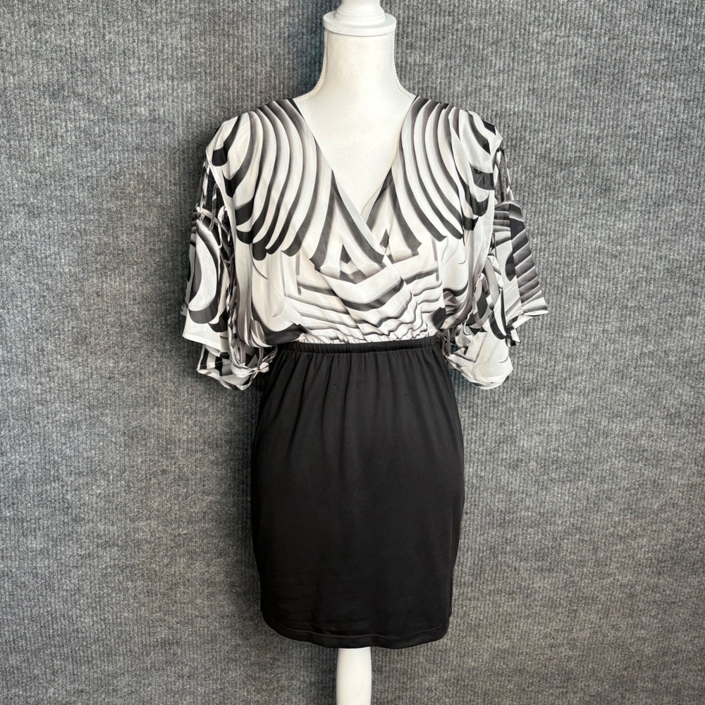Bebe Black White Abstract Mini Dress Womens S/P Caged Sleeve Y2K Party